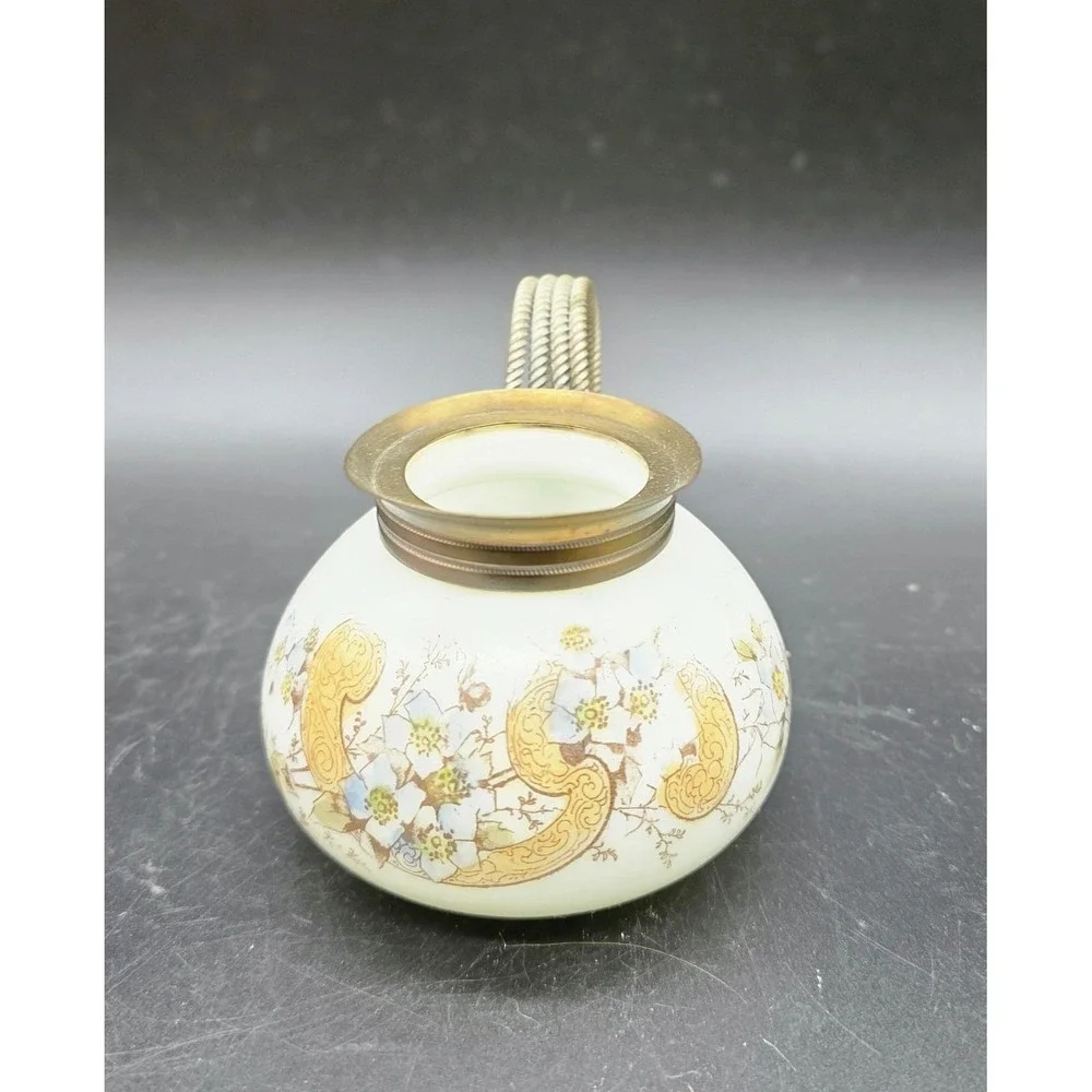 Antique CF Monroe Co Creamer Mini Pitcher Glass Blue Flowers Gold Scroll